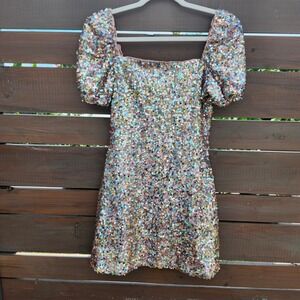 Lulus Sequin Puff Sleeve Mini Dress Multicolor Party XS‎